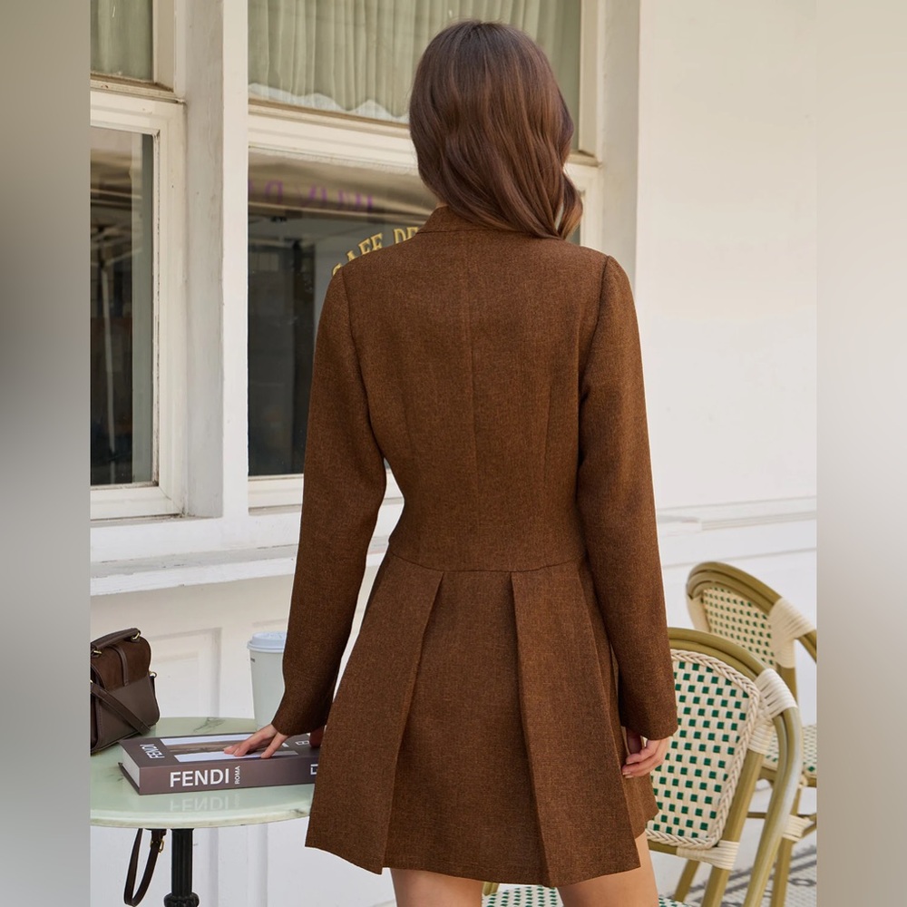Brown Ruched Button A-Line Mini Dress - Picture 4 of 6